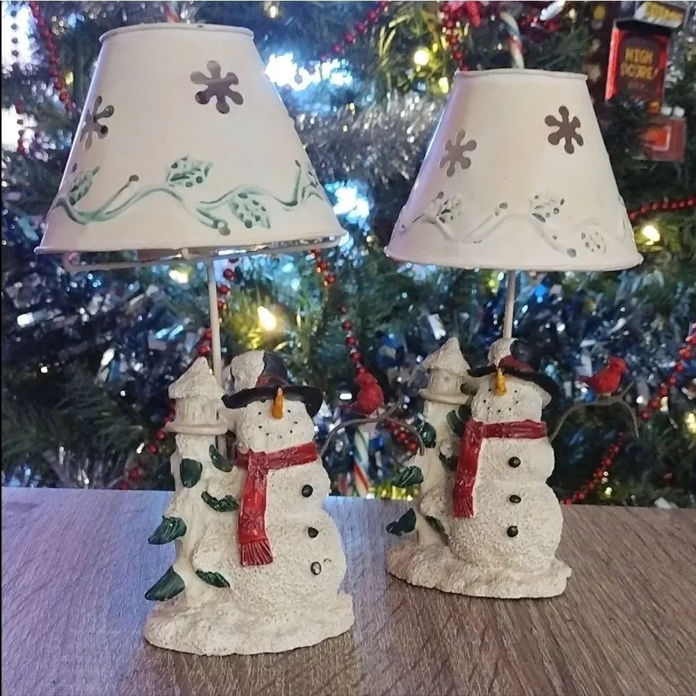 VTG Set of 2 Christmas Ceramic Snowman‎ Metal Shade Tealight Holders
